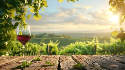 Fotobehang Wine tasting. Wooden table with glass of wine set against picturesque vineyard backdrop. © Postproduction