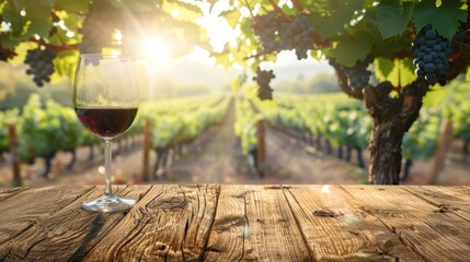 Empty wooden tabletop scene with a glass of wine on a vineyard background, emphasizing wine tasting...