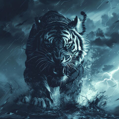 Tiger surrounded by clouds, angry expression - obrazy, fototapety, plakaty