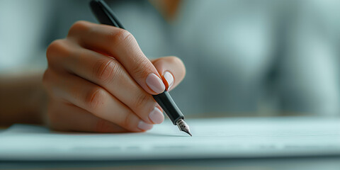 holding a pen above a pristine white background. The pens tip hovers just above the page, poised to make the next stroke in a business deal. The background is minimal and simple