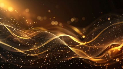 Abstract banner with festive golden wave design and glitter effect on dark background.