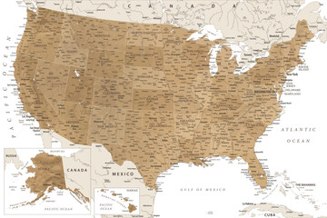 United States - Highly Detailed Vector Map of the USA. Ideally for the Print Posters. Golden Brown Beige Retro Colors - obrazy, fototapety, plakaty