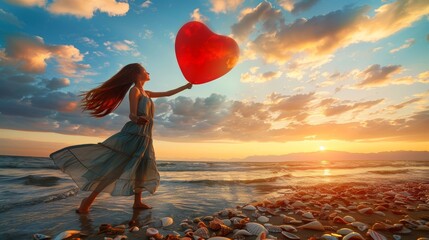 Young woman in flowy sundress standing on sandy beach at sunset holding heart shaped object