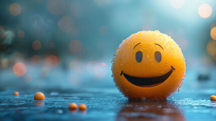 A smiling yellow ball is sitting on a wet surface. The scene is happy and carefree. Celebrating the happiest day of the year even if it rains