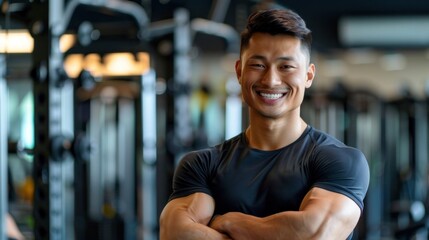 Muscular Asian man as a fitness trainer in sportswear