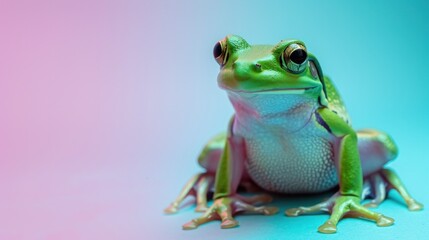 Green exotic frog on pastel blue and pink gradient background, leap year day concept.