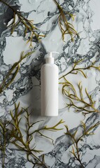 A white bottle lies amidst green plant tendrils on a marble surface with water droplets