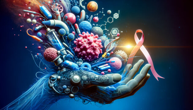 A robotic hand emits a dynamic burst of medical and scientific imagery, including pills, viruses, and DNA, with a pink ribbon symbolizing breast cancer awareness.
