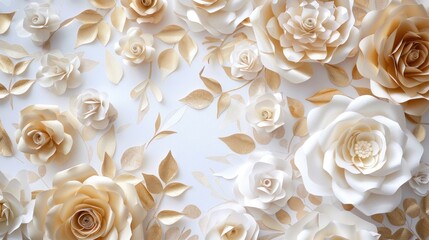 Wedding background. Romantic setting adorned with paper flowers and golden leaves, evoking love and celebration.