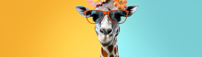 A giraffe in a sundress, with a Summer vibe, 3D render, illustration, minimalist, 8K, closeup, professional color grading
