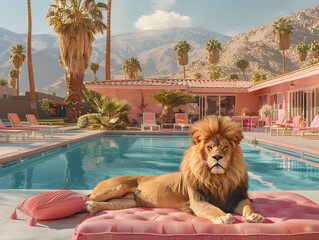 pink lion lay on Palm Desert California pool