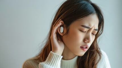 Tinnitus concept with a suffering Asian young woman