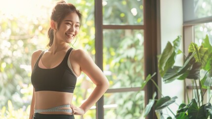 Asian young woman measuring waist size for fitness