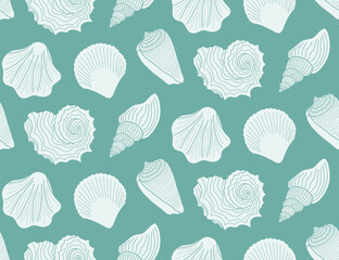 Seamless background of various seashells, pattern with seashells.