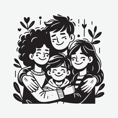 Medium shot happy friends hugging black & white vector Silhouette Illustration