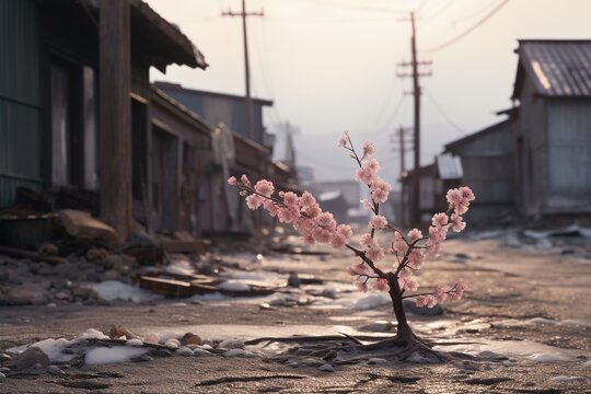 A lone cherry blossom tree in a ghost town, its delicate pink blooms soaked in melancholy