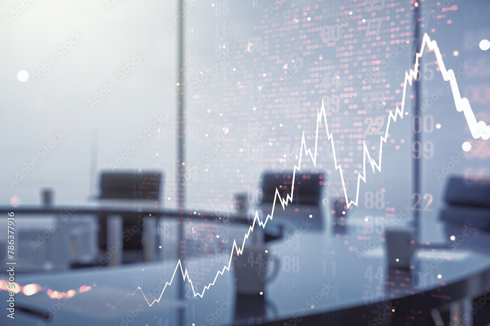 Poster multi exposure of virtual abstract financial chart hologram and world map on a modern meeting room b