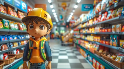 3D cartoon character lost in a large supermarket, humorous navigation with store map