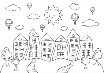 Coloring page with row of houses, sun and aerostats in the sky. Cartoon buildings with curved facades. Black and white outline illustration on a white background. Vector design for kids coloring book