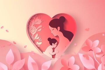Happy Mother's Day card template with paper cut mother and child silhouettes, pink heart shape background. Copy space concept for Happy Women&rsquo;s day design template. Holiday greeting card or banner