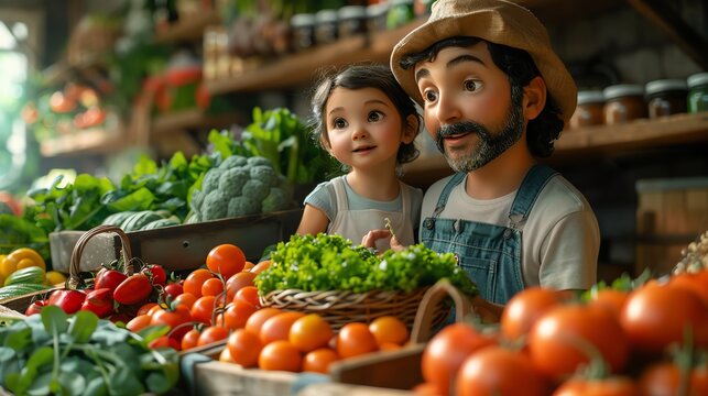 3D Cartoon Single Dad Shopping With His Young Daughter, Picking Fresh Fruits And Vegetables