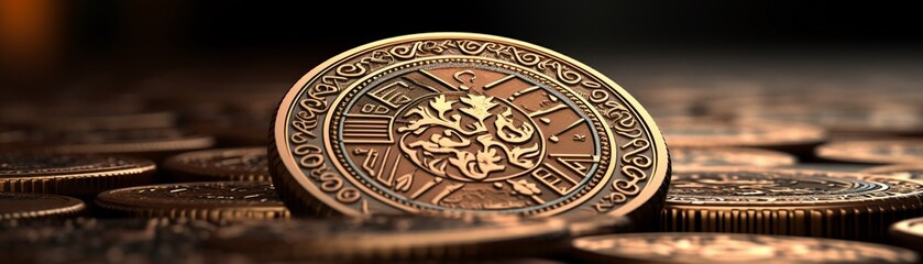 Create an adorable and detailed closeup of a random style chocolate coin featuring intricate patterns and designs, 3D render, illustration, minimalist
