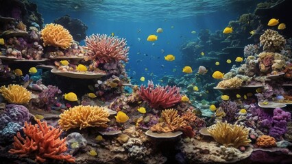 Fototapeta na wymiar Colorful coral reef with fish, copy text 