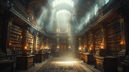 Ancient library with books emitting soft light, symbols whispering tales of old - obrazy, fototapety, plakaty