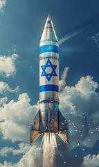 A rocket bearing the flag of Israel ascends through the clouds