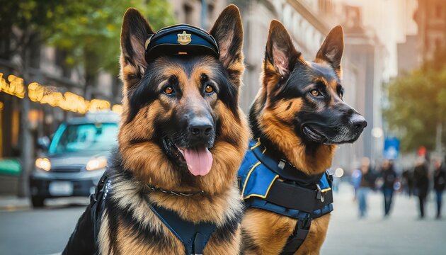 Numa rua movimentada da cidade, um Pastor Alem&atilde;o patrulha diligentemente ao lado de seu policial parceiro, sua postura orgulhosa e sua intelig&ecirc;ncia afiada fazendo dele um guardi&atilde;o confi&aacute;vel. 