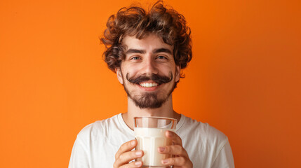 Happy man with milk mustache holding glass of tasty milk - Powered by Adobe