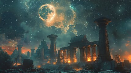 Ancient temple ruins under a starry sky, luminescent symbols carved into stone walls - obrazy, fototapety, plakaty