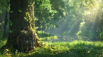 A school bag leaning against a tree trunk in a serene forest clearing, surrounded by nature. - obrazy, fototapety, plakaty