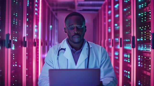 A man in a lab coat works on a laptop in a server room with neon lighting