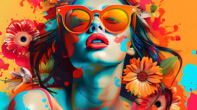 young pretty woman in orange sunglasses on bright background with colorful paint spots and flowers. 