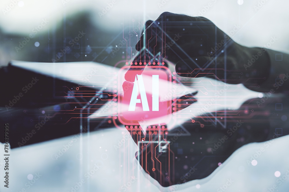 Poster creative artificial intelligence symbol concept with finger presses on a digital tablet on backgroun