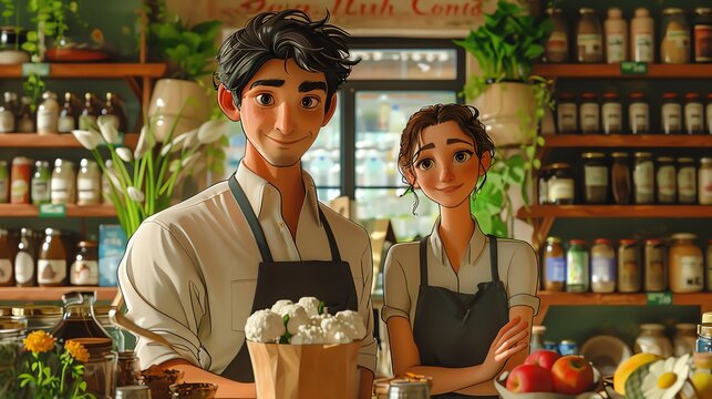 Animated couple engaging in a supermarket cooking demonstration, interactive and educational