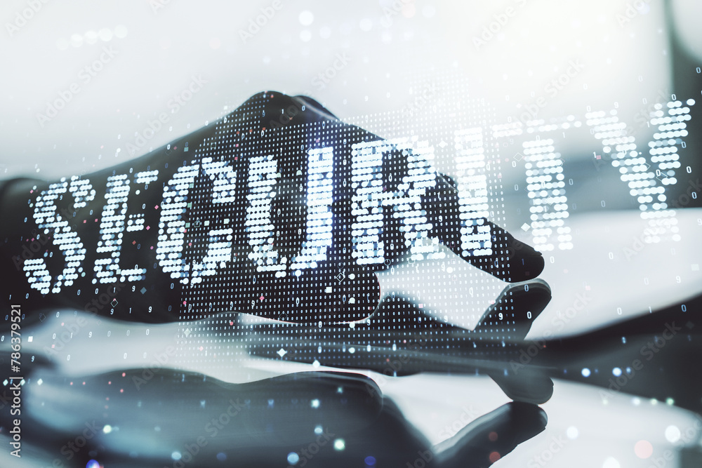Poster cyber security creative concept with finger clicks on a digital tablet on background. double exposur