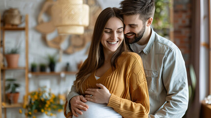 Happy pregnant woman with her husband indoors 