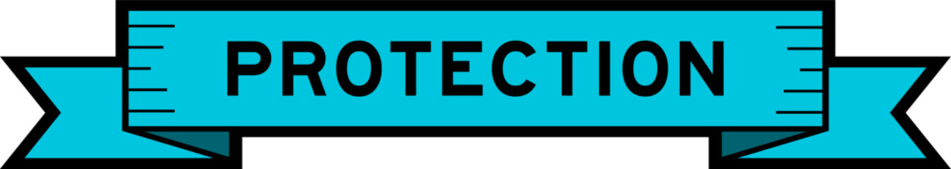 Ribbon label banner with word protection in blue color on white background