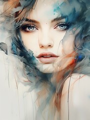 The combination of watercolor and alcohol ink on the textured paper adds depth and dimension to the painting, bringing the image of the young woman to life, 3D render, illustration, minimalist