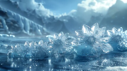 Arctic tundra with ice crystals forming sacred symbols on the frozen surface, serene and cold - obrazy, fototapety, plakaty