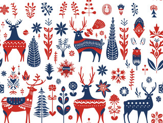 Forest animal and flower drawing Folk art seamless pattern. Scandinavian style.  - obrazy, fototapety, plakaty