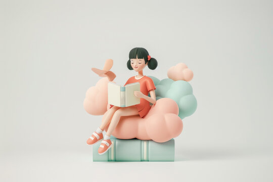3D illustration of a cute girl sitting on a book with clouds, reading a storybook against a white background