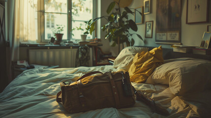 A school bag lying on a bed in a cozy bedroom, hinting at the end of a productive day.