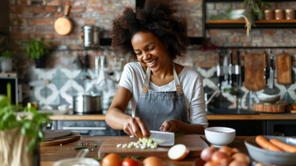 Happy woman cutting onion at table in kitchen