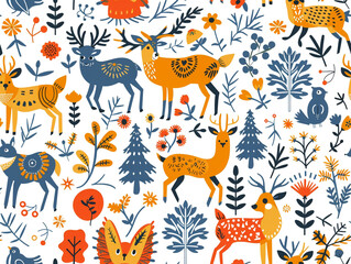Obraz premium Forest animal and flower drawing Folk art seamless pattern. Scandinavian style. 