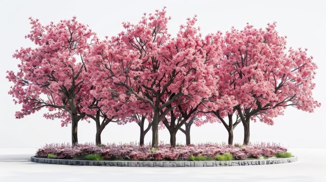 A row of pink trees are lined up in a garden