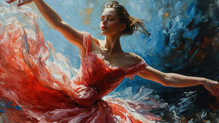 Contemporary Oil Painting of A Beautiful Women Ballerina Ballerina Dancer Dancing in Red Ballet Dress - obrazy, fototapety, plakaty