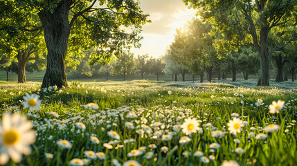 Obraz premium Spring Meadow with Wildflowers and Lush Green Grass, Sunlit and Fresh, Ideal for a Peaceful Rural Landscape